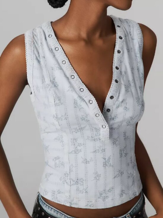 Pilcro Tops - Anthropologie Pilcro Pointelle Floral Henley Tank Blue Small Y2K